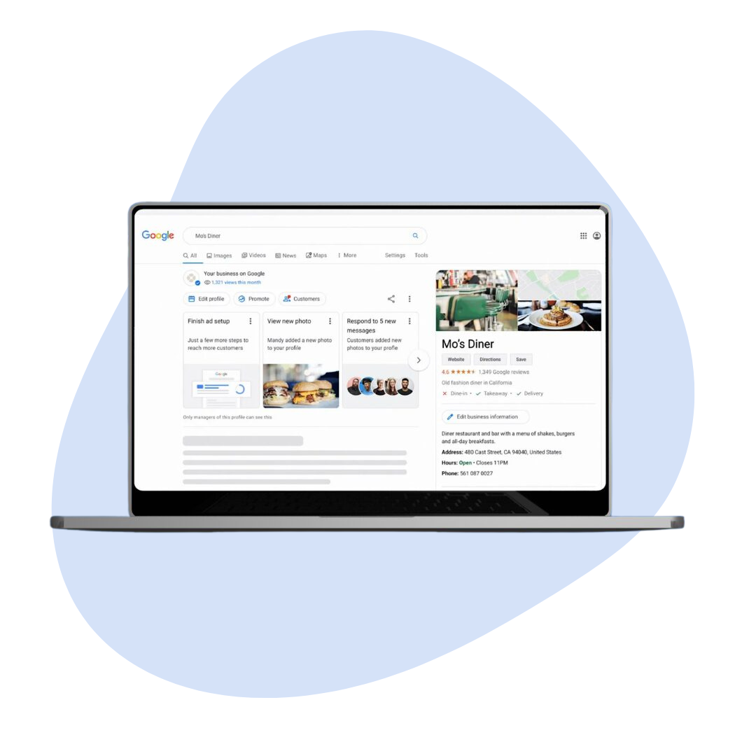 HoopJumper Google Business Profile optimization dashboard showing completed profile setup with photos, hours, and business details