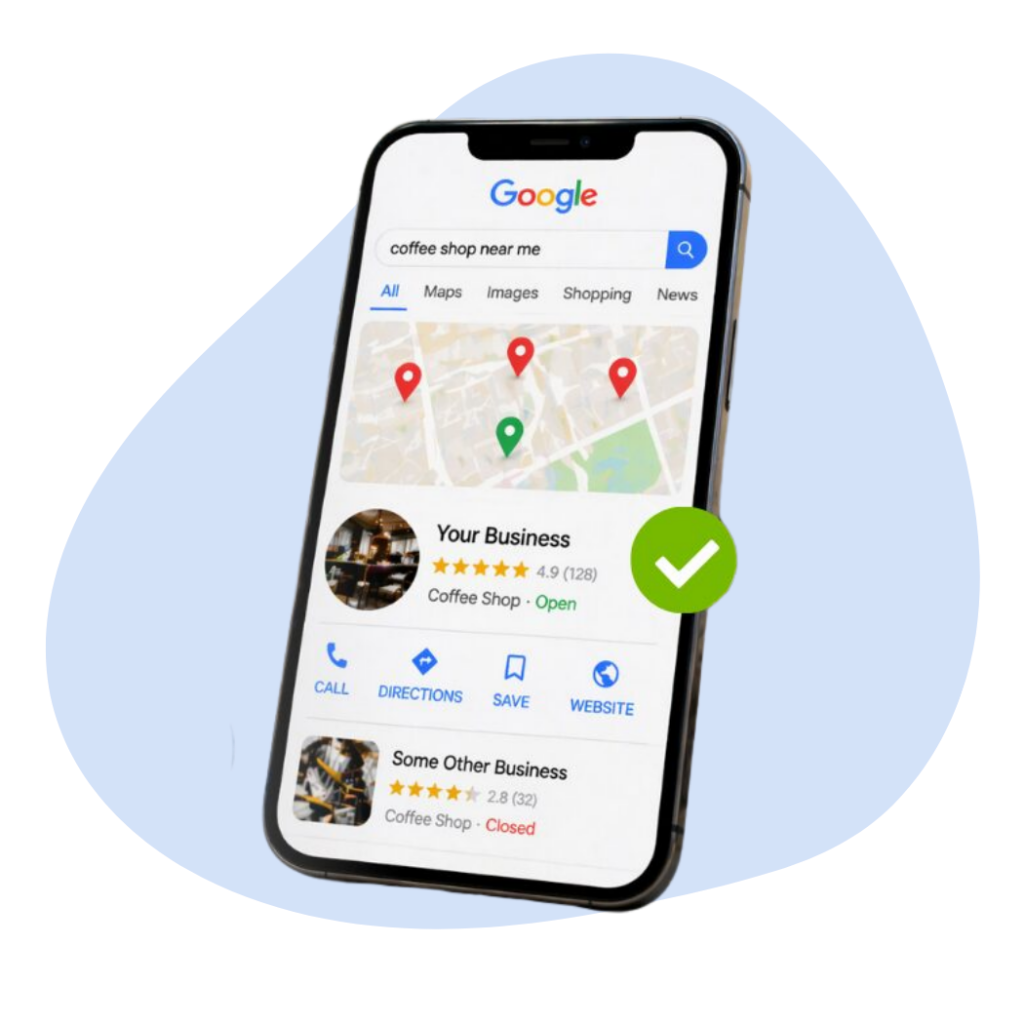 Explainer graphic showing what Google Business Profile is and how it appears in Google Search and Maps for local businesses