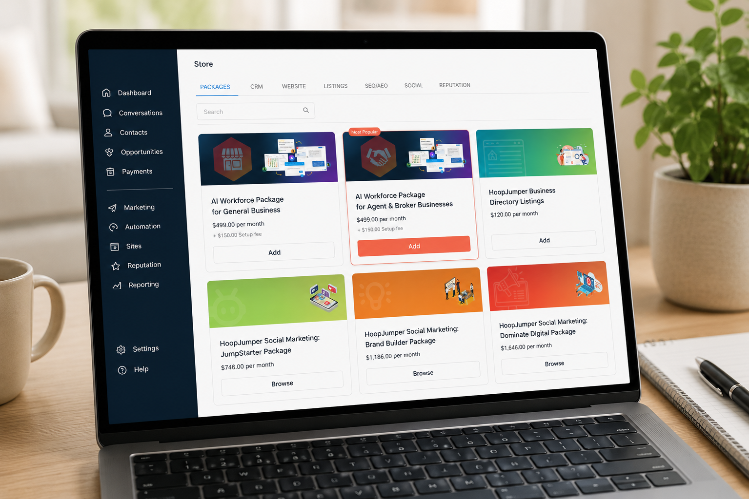 The built-in store inside the HoopJumper dashboard where clients can browse and add new services