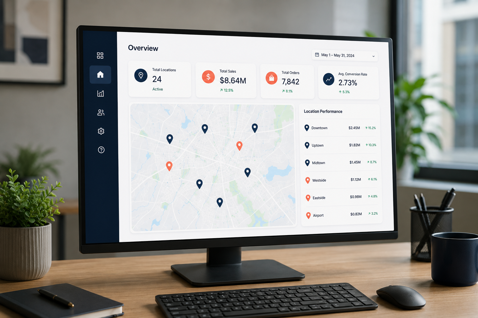 A map view inside the HoopJumper dashboard showing performance across multiple business locations