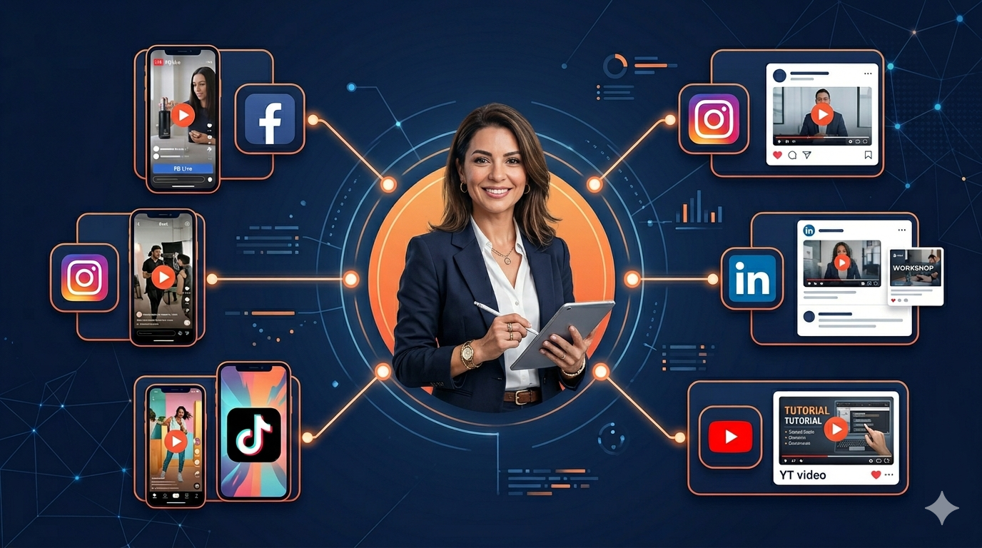 AI Twin Video — One Person, Every Platform, Every Week Small business owner's AI Twin posting professional videos to Facebook, Instagram, LinkedIn, TikTok, and YouTube every week on autopilot