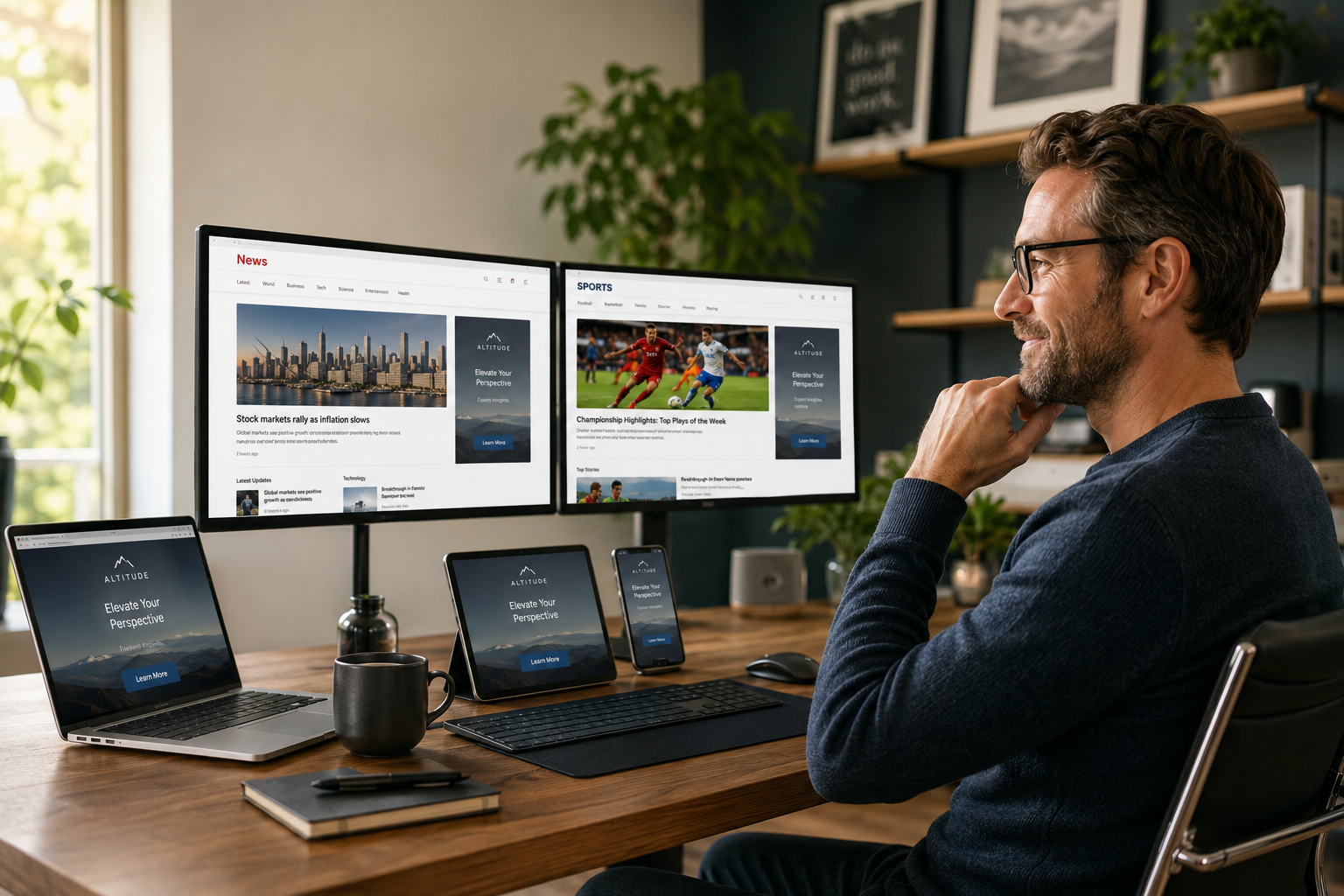 Business owner reviewing display ad campaigns on multiple screens showing banner ads running across premium websites and apps