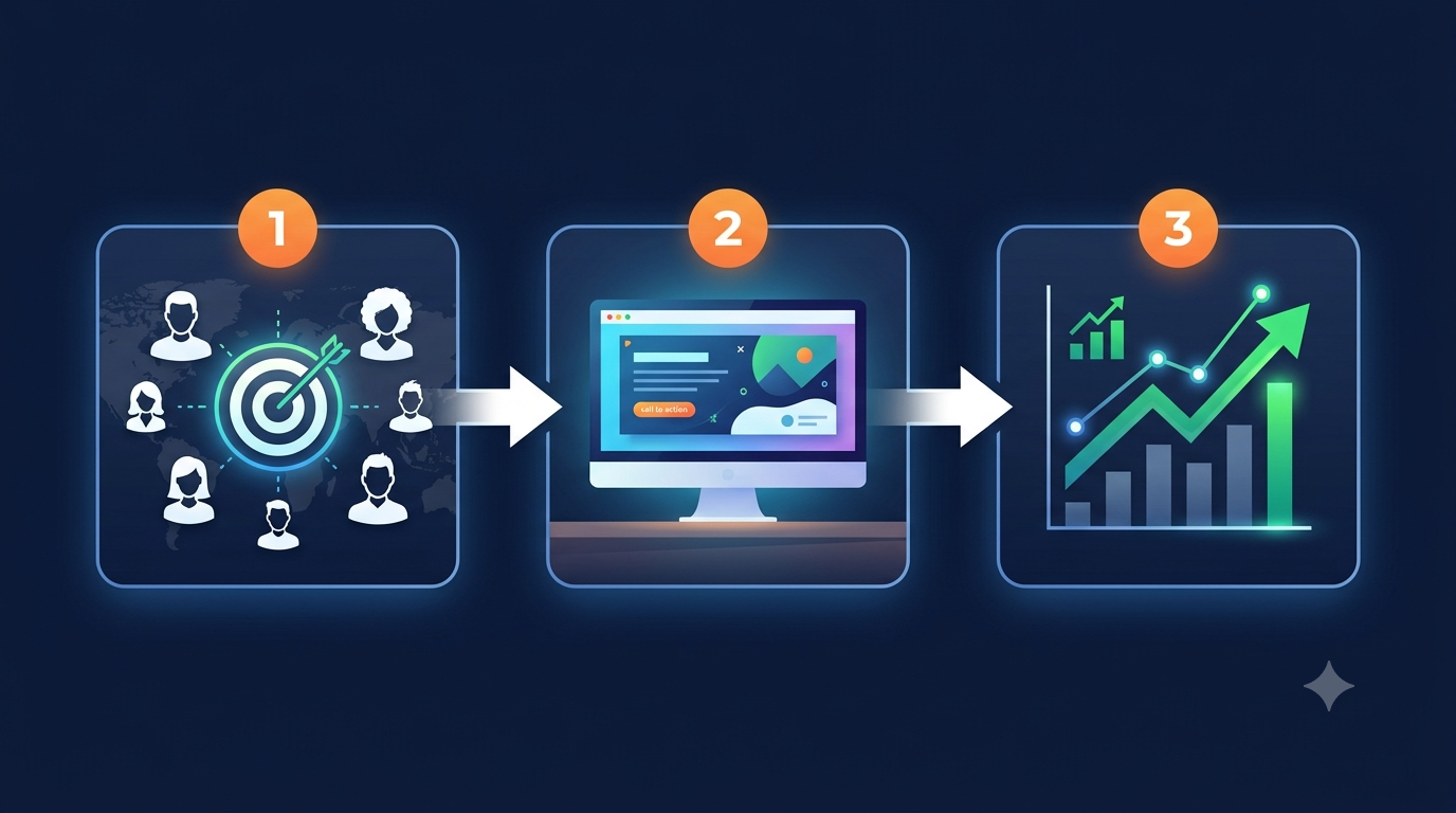 HoopJumper display ad campaign workflow showing audience targeting, ad creative development, campaign launch, and ongoing optimization