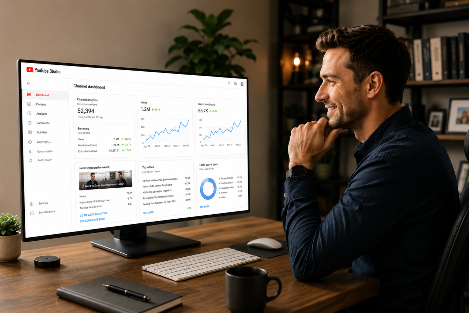 YouTube Channel Management by HoopJumper Small business owner watching YouTube analytics on a monitor showing channel growth after HoopJumper optimization