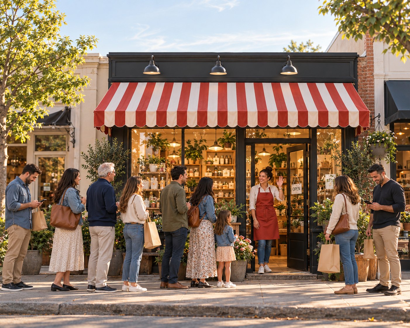 A busy neighborhood shop with a red and white striped awning, a smiling owner waving from the doorway and a line of happy customers on the sidewalk