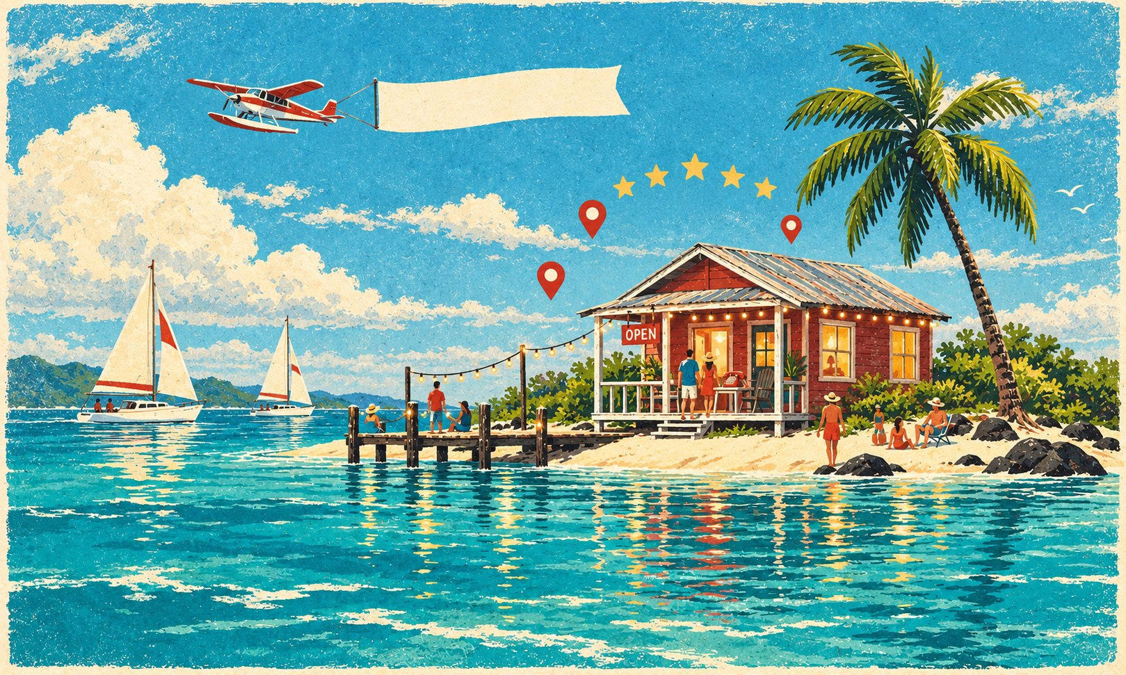 The same island as a lively vacation spot with sailboats, a seaplane towing a banner, map pins, five stars, guests on the dock and a lit up cabin