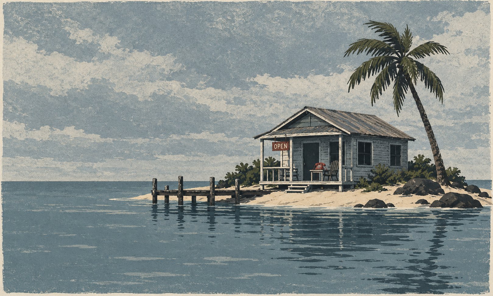 A quiet island with a closed up cabin, a lone palm tree, an empty dock and a calm gray sea under an overcast sky